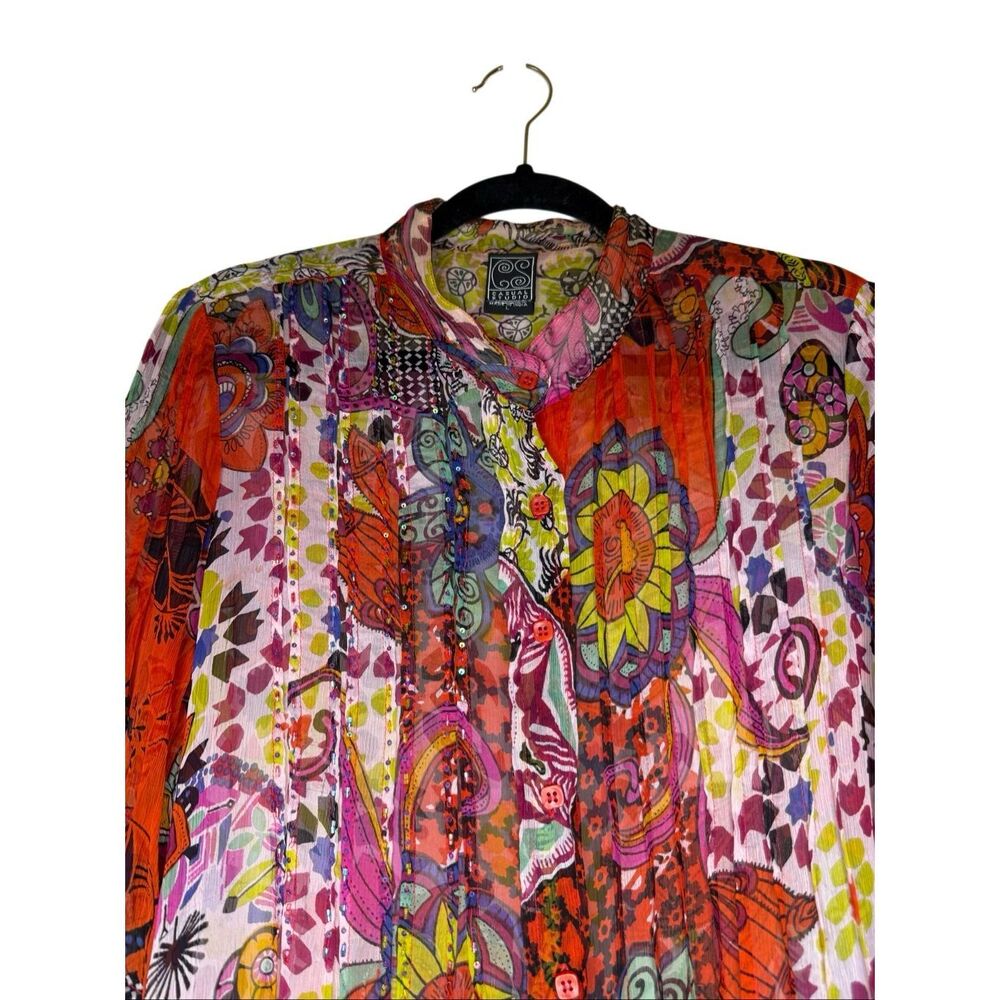 Casual Studio Top Multicolor Patchwork Look Semi Sheer Size L Whimsical, Retro - Picture 2 of 14